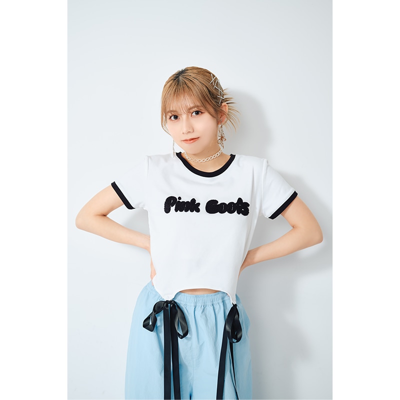 【PINK★BOOTS】リボン付きクロップドTシャツ(ホワイト)