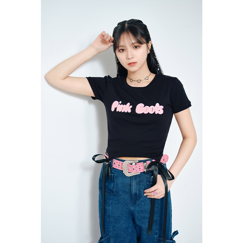 【PINK★BOOTS】リボン付きクロップドTシャツ(ブラック)