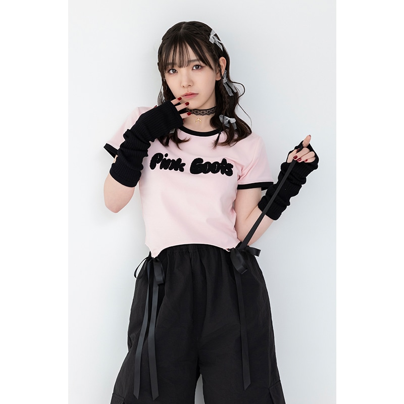 【PINK★BOOTS】リボン付きクロップドTシャツ(ピンク)